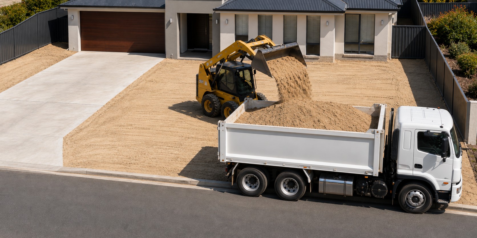 Skidsteer loading sand into a tipper truck at a Perth property